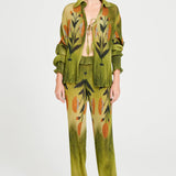 Printed Green Pants With Ruffle Belt Detail