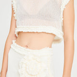 White Crochet Mini Skirt With Ruffle And Flower Details