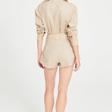 Beige Linen Shorts With Pleat And Gold Chain Details With Chain