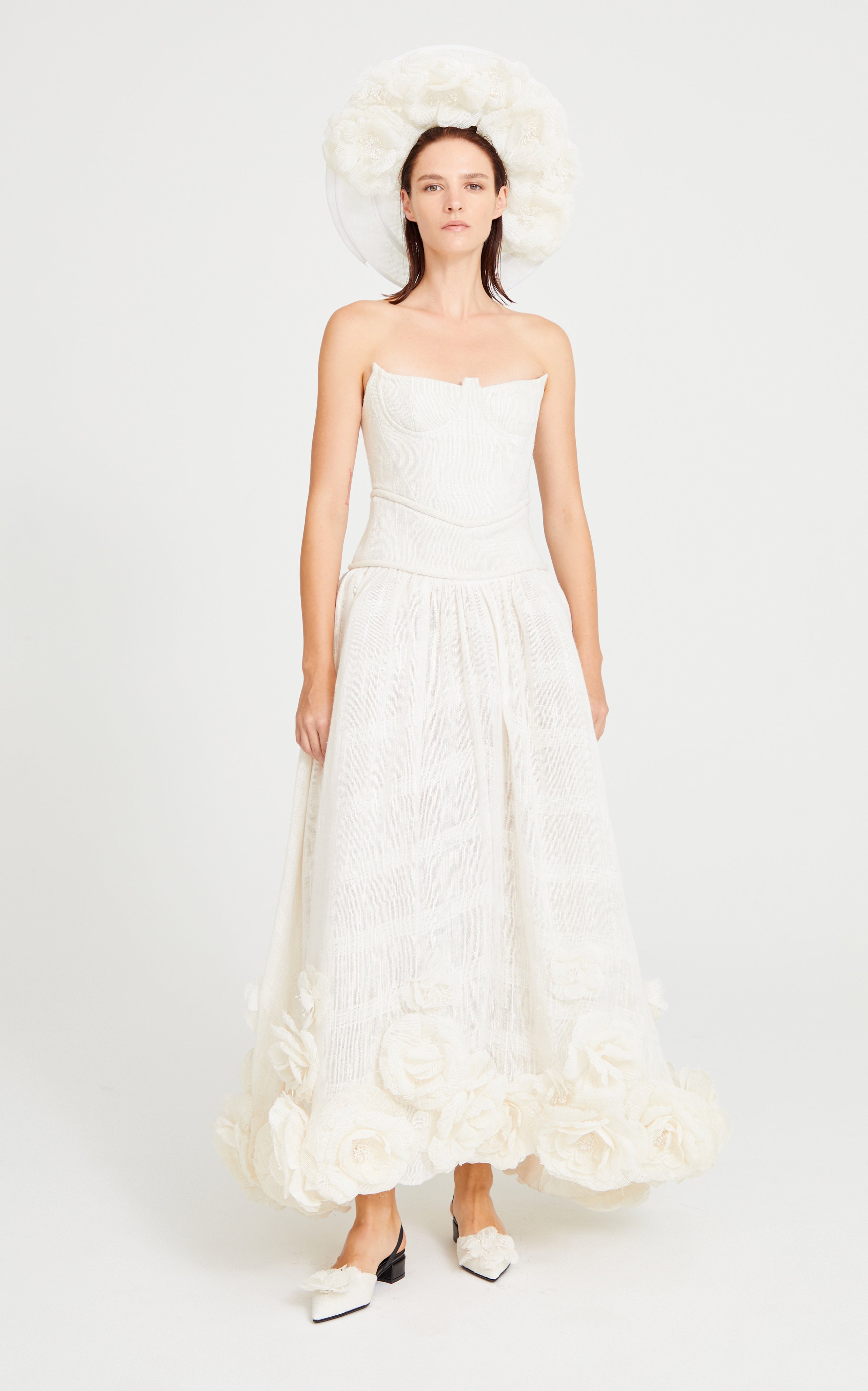 White Linen Midi Dress With Corset And Flower Details RAISA VANESSA INT White Linen Midi Dress With Corset And Flower Details RAISA VANESSA INT