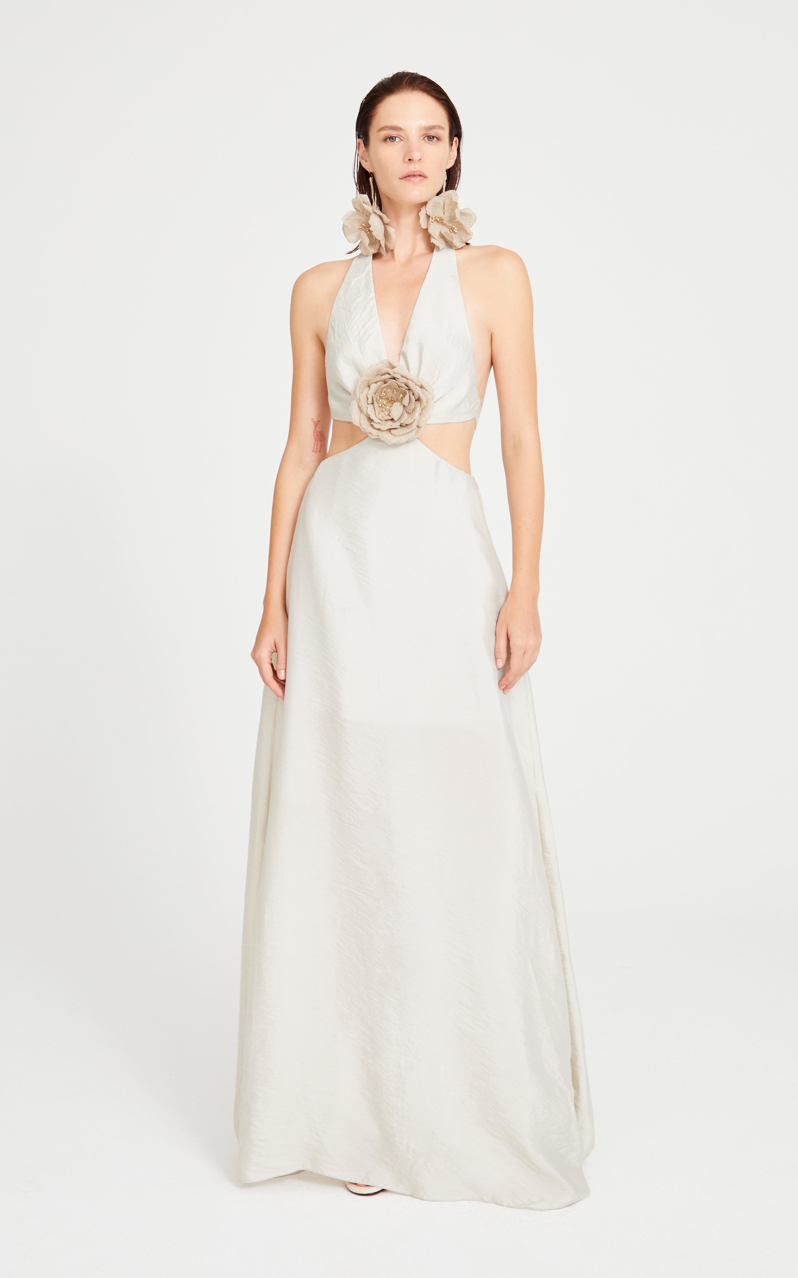 Cream Linen Halter Neck Maxi Dress With Cut Out And Flower Details RAISA VANESSA INT Cream Linen Halter Neck Maxi Dress With Cut Out And Flower Details RAISA VANESSA INT