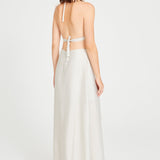Cream Linen Halter Neck Maxi Dress With Cut Out And Flower Details