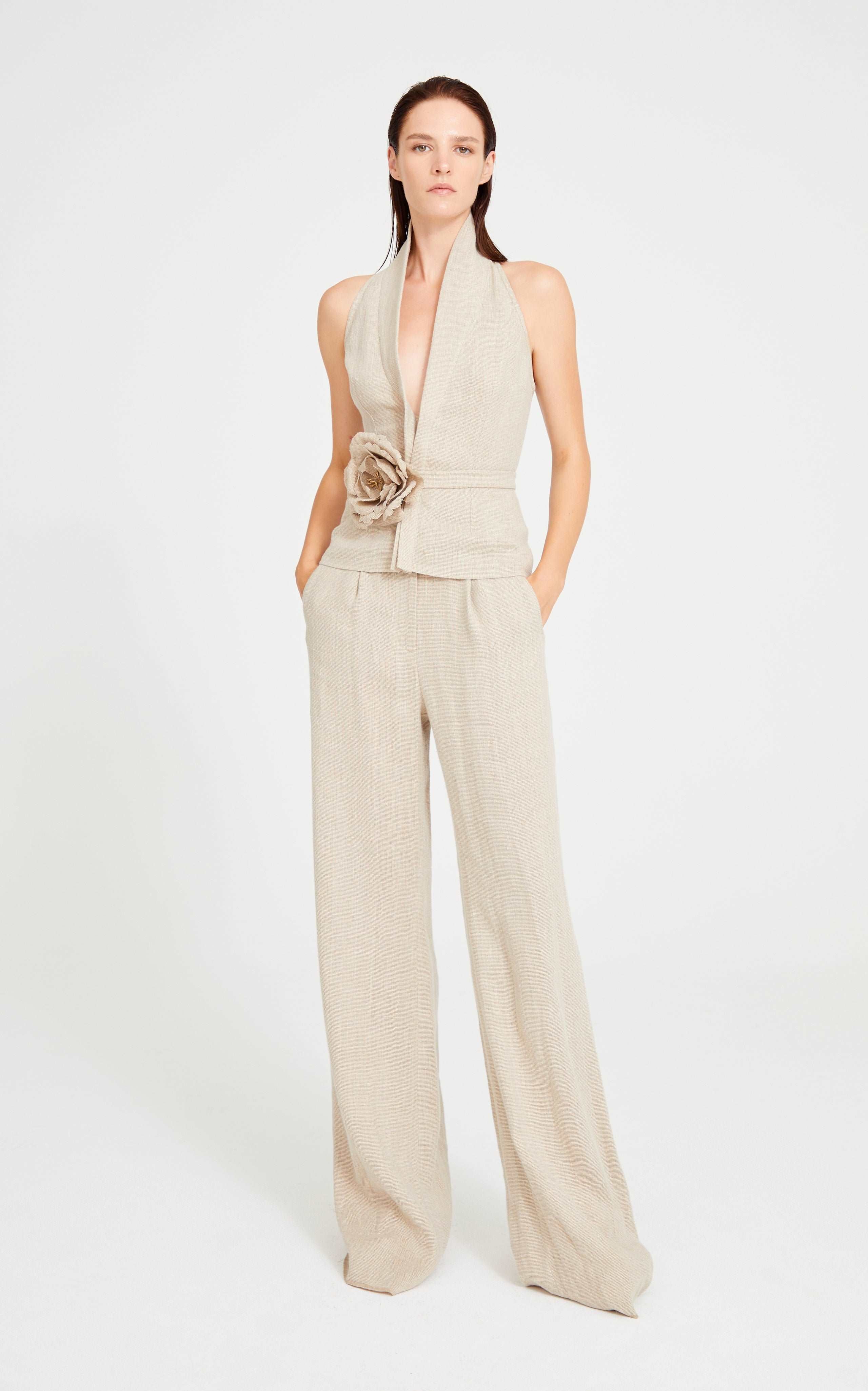 Beige Linen Halter Neck Top With Open Front Detail – RAISA