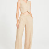 Beige Linen Pleated Pants With Gold Chain Details