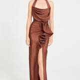Brown Halter Neck Maxi Dress With Drape And High Slit Details