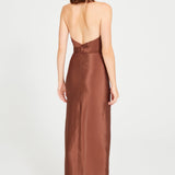 Brown Halter Neck Maxi Dress With Drape And High Slit Details