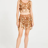 Bronze Beaded Tulle Crop Top With Dripping Gold Sequin And Embroidery Details