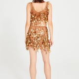 Bronze Beaded Tulle Mini Skirt With Dripping Gold Sequin And Embroidery Details