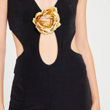 Black Jumpsuit With Gold Lining And Flower Details