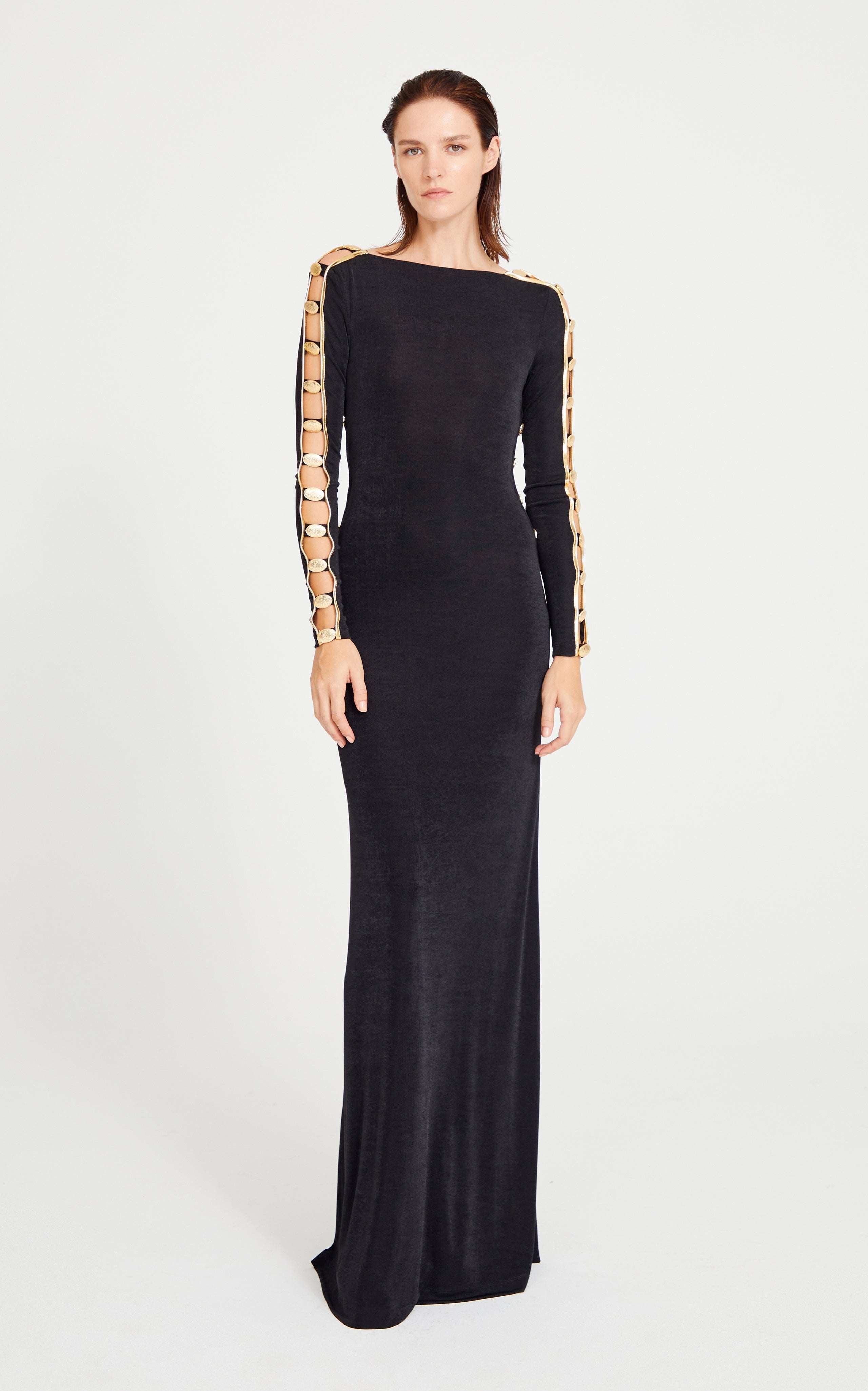 Black Maxi Dress With Cut Out And Gold Accessory Details – RAISA VANESSA INT