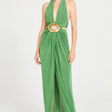 Green Halter Neck Maxi Dress With Cut Out And Gold Sequin Details
