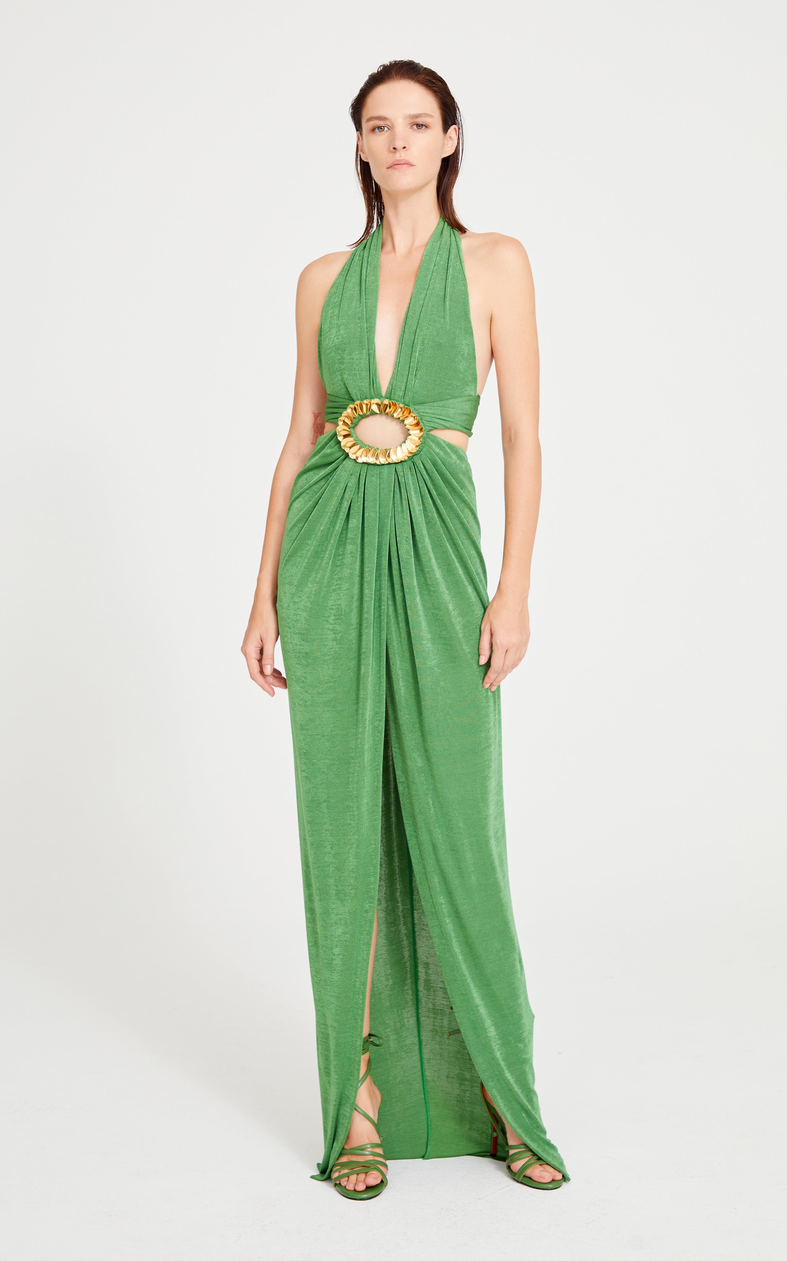 Green Halter Neck Maxi Dress With Cut Out And Gold Sequin Details RAISA VANESSA INT Green Halter Neck Maxi Dress With Cut Out And Gold Sequin Details RAISA VANESSA INT