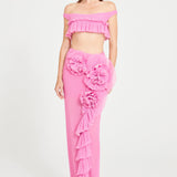 Pink Maxi Skirt With Ruffle And Flower Details