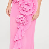 Pink Maxi Skirt With Ruffle And Flower Details