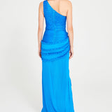 Blue One Shouldered Maxi Dress With Embroidery And Flower Details