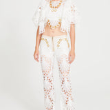 White Lace Crop Top With Ruffle Sleeves And Gold Eyelet Details