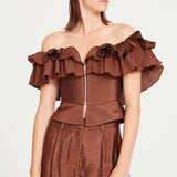 Brown Low Shouldered Top With Ruffle And Front Zipper Details