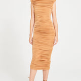 Tan Midi Dress With Padded Shoulders And Drape Details
