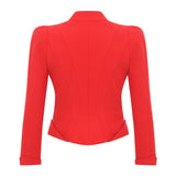 Red Crepe Asymmetric Neck Jacket With Black Stone Buttons