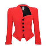 Red Crepe Asymmetric Neck Jacket With Black Stone Buttons