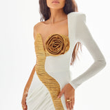 Gold And White Medusa Maxi Dress With High Sut And Rose Details