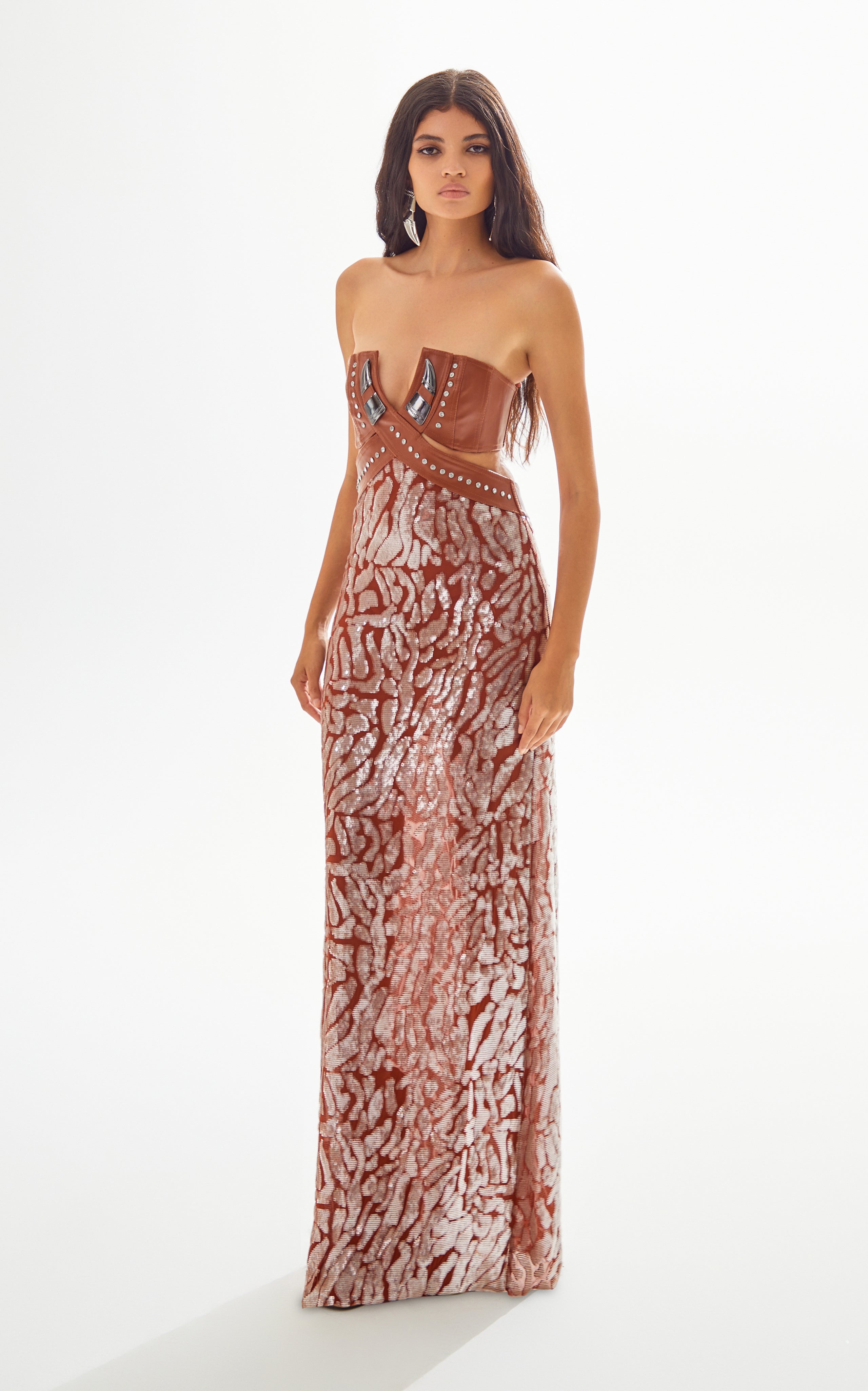 Chocolate Strapless Maxi Dress with Leather and Patterned Sequin Detai RAISA VANESSA INT Chocolate Strapless Maxi Dress with Leather and Patterned Sequin Detai RAISA VANESSA INT
