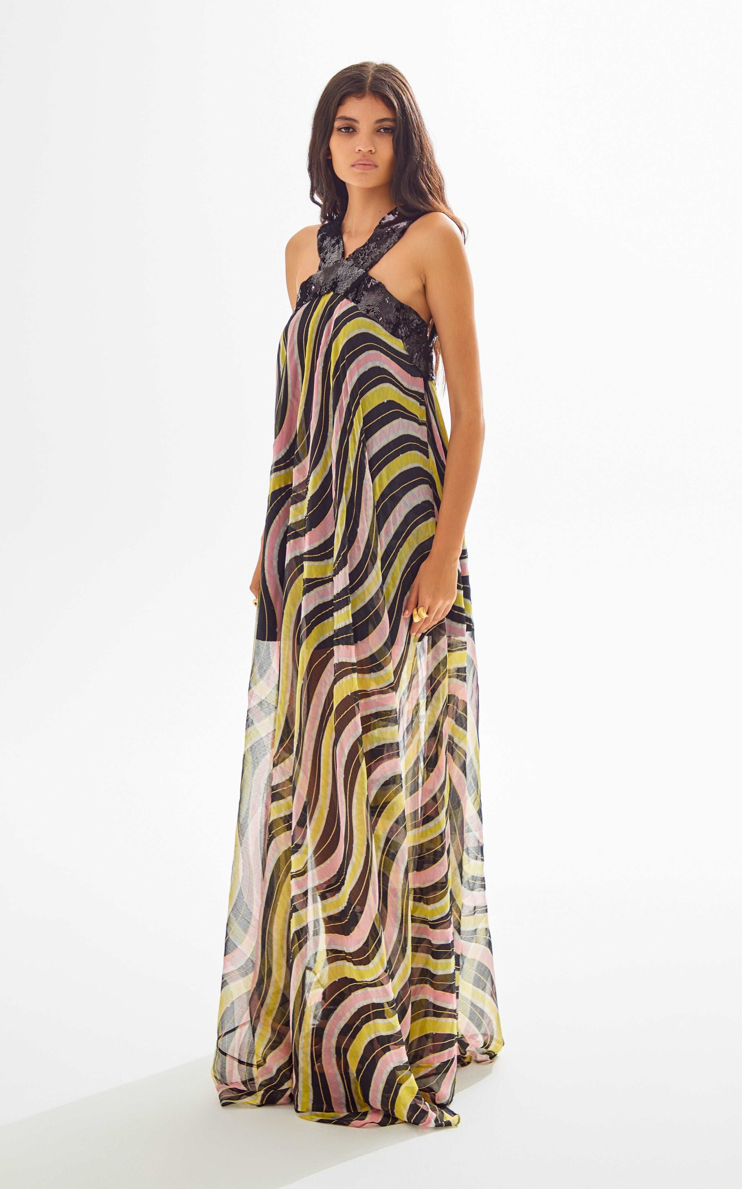 chiffon striped dress Amazonica Chiffon Wavy Striped Maxi Dress with Black Sequin Details – RAISA  VANESSA INT