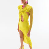 Crystal Embellished Fishnet Cutout Midi Dress With High Slit