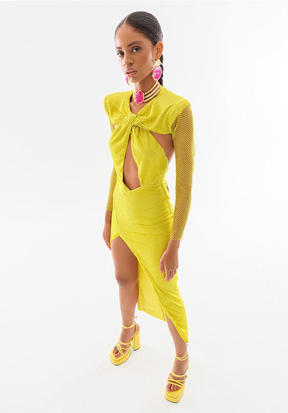 Crystal Embellished Fishnet Cutout Midi Dress With High Slit RAISA VANESSA INT Crystal Embellished Fishnet Cutout Midi Dress With High Slit RAISA VANESSA INT