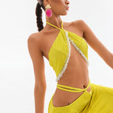 Crystal Embellished Beade Fringed Halter Neck Top