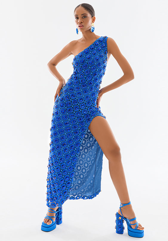 One Shoulder Embroidered Midi Dress With Rhine Stones – RAISA VANESSA INT
