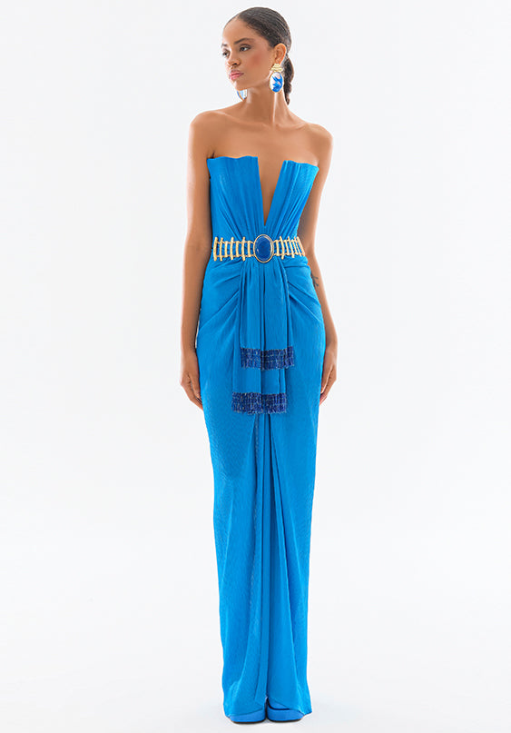 Satin Deep V Neck Strapless Maxi Dress With Gold Belt RAISA VANESSA INT Satin Deep V Neck Strapless Maxi Dress With Gold Belt RAISA VANESSA INT