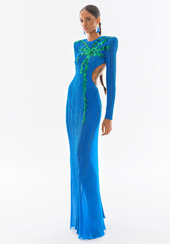 fitted lace wedding dress Knit Long Sleeve Cutout Maxi Dress With Hand Embroidered Details – RAISA  VANESSA INT