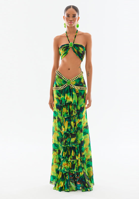 V-Waist Chiffon Ruffle Maxi Skirt With Gold Belt – RAISA VANESSA INT