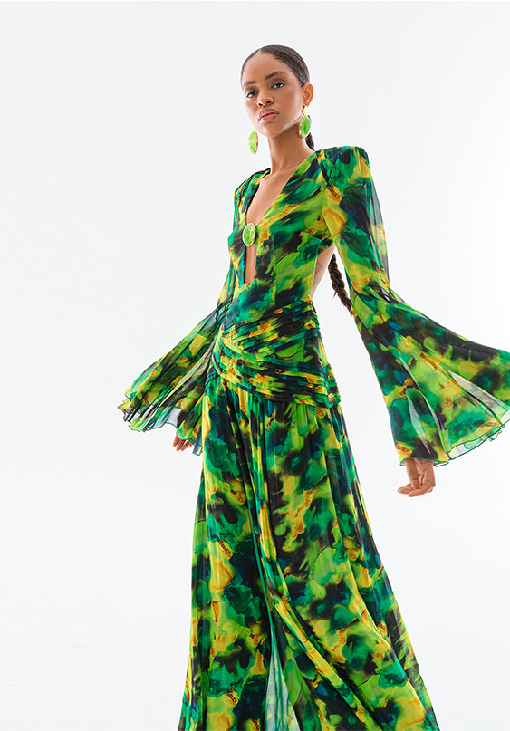 Chiffon V Neck Maxi Dress With High Slit And Gemstone – RAISA VANESSA INT