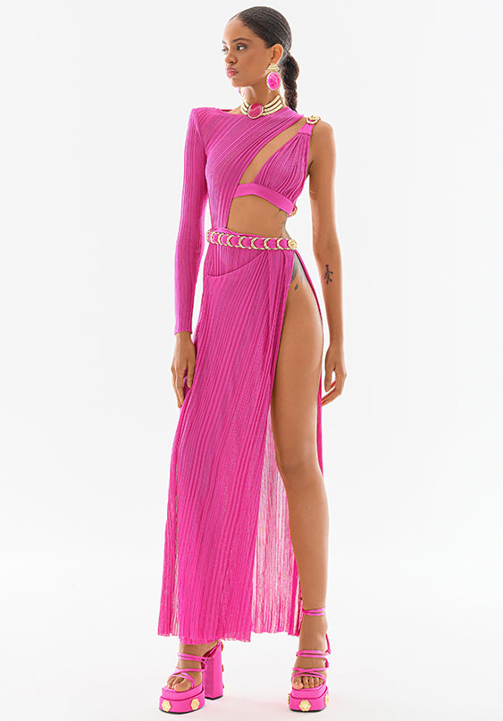 Knit One Shoulder Cutout Maxi Dress With Gold Buckle Detail