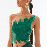 One Sleeve Crystal Embellished Leaf Crop Top