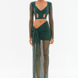 Crystal Embellished Fishnet Open Back Long Sleeve Cutout Crop Top