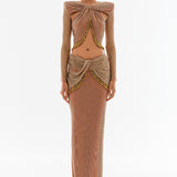 Crystal-Embellished Fishnet Maxi Skirt With Beaded Fringe Details