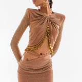 Crystal-Embellished Fishnet Backless Crop Top With Beaded Fringe Details