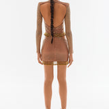 Crystal Embellished Fishnet Mini Skirt With Crossed Straps