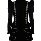 Chain Strass Embroidered Velvet Dress with Ruffles Sleeves