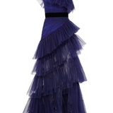 One Shoulder Ruffled Tulle Maxi Dress
