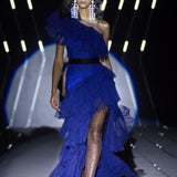 One Shoulder Ruffled Tulle Maxi Dress