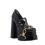 Black Platform Clog Shoes With Accessory Details