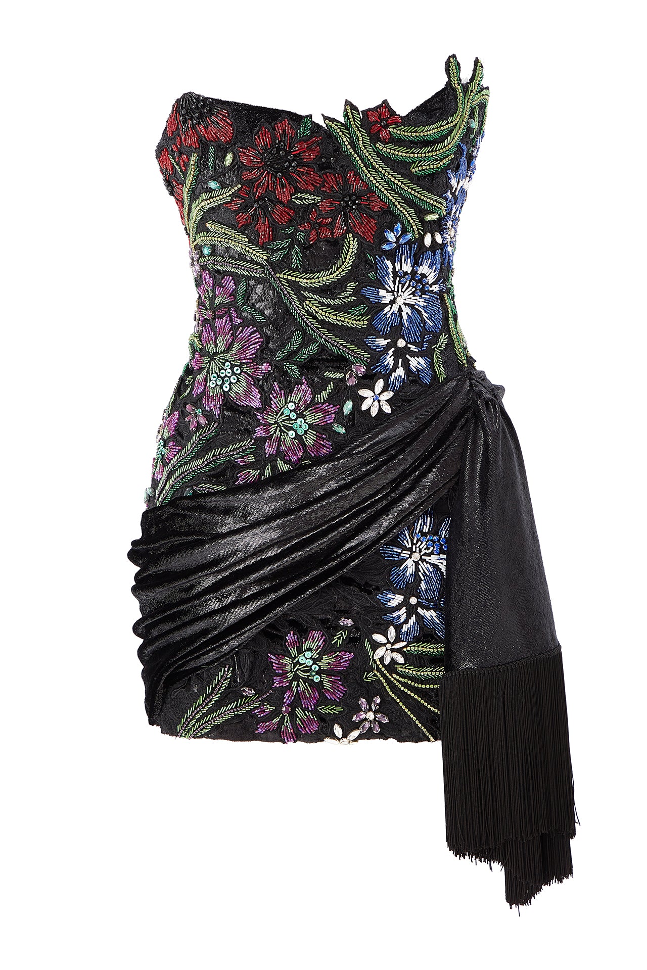 embellished floral mini dress Crystal Embellished Floral Detailed Strapless Mini Dress With Franges –  RAISA VANESSA INT