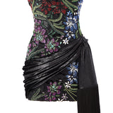 Crystal Embellished Floral Detailed Strapless Mini Dress With Franges