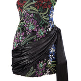 Crystal Embellished Floral Detailed Strapless Mini Dress With Franges