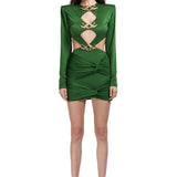 Cutout Long Sleeved Draped Mini Dress With Gold Buckles