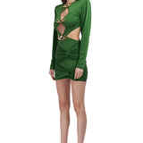 Cutout Long Sleeved Draped Mini Dress With Gold Buckles